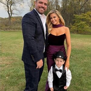 Betsy & Adam Purple Strapless Gown